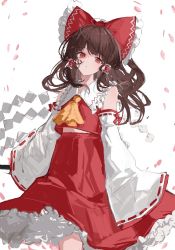 Rule 34 | 1girl, bad id, bad pixiv id, bare shoulders, bow, brown hair, closed mouth, collared shirt, detached sleeves, frilled bow, frilled shirt collar, frilled skirt, frills, gohei, hair bow, hair tubes, hakurei reimu, holding, long hair, long sleeves, looking at viewer, petals, red bow, red eyes, red shirt, red skirt, ribbon-trimmed sleeves, ribbon trim, shirt, simple background, skirt, sleeveless, sleeveless shirt, sleeves past fingers, sleeves past wrists, solo, suashi, touhou, white background, white sleeves, wide sleeves