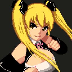 Rule 34 | 1girl, absurdres, black ribbon, black sleeves, blonde hair, breasts, brown eyes, cleavage, closed mouth, detached sleeves, dream c club, dream c club (series), grey background, hair between eyes, hair ribbon, highres, large breasts, long hair, mian (dream c club), pepe dcc, pink ribbon, pixel art, ribbon, smile, solo, twintails, upper body
