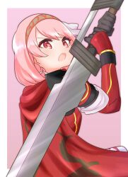 Rule 34 | 1girl, arm guards, armor, black gloves, braid, cape, fire emblem, fire emblem engage, gloves, grey hairband, hair ribbon, hairband, highres, holding, holding sword, holding weapon, ikonaska, lapis (fire emblem), looking at viewer, nintendo, open mouth, pink eyes, pink hair, red armor, red cape, red hairband, ribbon, short hair, side braid, solo, sword, two-tone hairband, v-shaped eyebrows, weapon, white ribbon