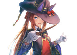 Rule 34 | 1girl, blue eyes, blue robe, brown hair, commentary, gloves, hat, hat over one eye, highres, holding, holding wand, horse girl, long hair, long sleeves, looking at viewer, open mouth, red shirt, robe, shirt, sidelocks, simple background, smile, solo, suke omi, sweep tosho (umamusume), umamusume, upper body, wand, white background, white gloves, wide sleeves, witch hat