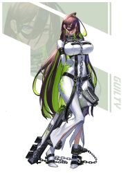 Rule 34 | 1girl, absurdres, ankle cuffs, arms behind back, between legs, bodysuit, bound, bound ankles, bound arms, breasts, brown hair, chain, chain leash, character name, colored inner hair, cuffs, goddess of victory: nikke, green hair, guilty (nikke), gun, hair behind ear, hair between eyes, highres, huge breasts, jerry63, leash, long hair, multicolored hair, purple eyes, restrained, shackles, shotgun, skin tight, solo, straitjacket, two-tone hair, very long hair, weapon, white bodysuit, zoom layer
