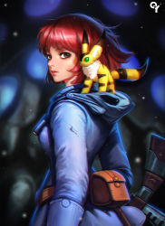 Rule 34 | 1girl, animal, bag, belt, blue jacket, breasts, brown eyes, brown hair, chromatic aberration, freckles, from behind, from side, gun, highres, holding, holding gun, holding weapon, hood, hooded jacket, jacket, kaze no tani no nausicaa, liang xing, lips, long sleeves, looking at viewer, looking back, medium breasts, nausicaa, nose, parted lips, red hair, rifle, short hair, solo, striped, studio ghibli, teto (nausicaa), upper body, weapon