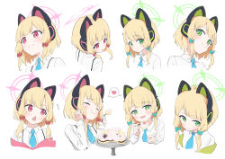 Rule 34 | 2girls, absurdres, animal ear headphones, animal ears, aqua necktie, blonde hair, blue archive, blush, cat ear headphones, closed eyes, closed mouth, collared shirt, cropped torso, expressions, fake animal ears, food, green eyes, halo, headphones, heart, highres, midori (blue archive), momoi (blue archive), multiple girls, multiple views, necktie, open mouth, pink eyes, pre sktch, shirt, siblings, simple background, sisters, spoken heart, sweat, twins, upper body, white background, white shirt