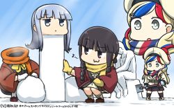 Rule 34 | 3girls, :3, beret, black eyes, black hair, blonde hair, blue eyes, blue hair, braid, commandant teste (kancolle), commentary, dated, day, disembodied head, eighth note, gintama, gloves, hamu koutarou, hat, hatsukaze (kancolle), headless, highres, kantai collection, kitakami (kancolle), multicolored hair, multiple girls, musical note, neo armstrong cyclone jet armstrong cannon, open mouth, phallic symbol, pom pom (clothes), red hair, scarf, short hair, shovel, snow sculpture, squatting, streaked hair, the thinker, white gloves, yellow gloves, zoom layer