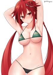 Rule 34 | 1girl, absurdres, armpits, arms up, bikini, blush, braid, breasts, commentary, english commentary, hair between eyes, hair ornament, hairclip, highres, long hair, looking at viewer, medium breasts, navel, neptune (series), nitoya, orange eyes, red eyes, red hair, shin jigen game neptune vii, simple background, solo, swimsuit, tennouboshi uzume, twin braids, twintails, underboob, very long hair, wet