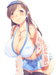 Rule 34 | 10s, 1girl, :q, black thighhighs, blush, breasts, brown eyes, brown hair, cleavage, curvy, female focus, headset, huge breasts, idolmaster, idolmaster cinderella girls, jacket, large breasts, long hair, mikage sekizai, navel, nitta minami, open clothes, open jacket, simple background, skirt, smile, solo, thighhighs, tongue, tongue out, visor cap, white background, wide hips