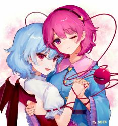 Rule 34 | 2girls, :d, ;), ainy, back cutout, bad id, bad twitter id, bat wings, belt, black belt, black hairband, blue hair, blue shirt, blush, breasts, clothing cutout, commentary request, dress, eyelashes, eyeshadow, fang, frilled shirt collar, frilled sleeves, frills, hair between eyes, hair ornament, hairband, head tilt, heart, heart hair ornament, holding hands, komeiji satori, long sleeves, looking at viewer, makeup, medium breasts, multiple girls, no headwear, one eye closed, open mouth, pink background, pink eyes, pink hair, pointy ears, puffy short sleeves, puffy sleeves, red eyes, remilia scarlet, shirt, short hair, short sleeves, slit pupils, smile, third eye, touhou, upper body, white dress, wide sleeves, wings, yuri