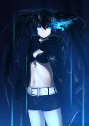 Rule 34 | 10s, 1girl, belt, bikini, bikini top only, black bikini, black hair, black rock shooter, black rock shooter (character), black shorts, black sweater, blue eyes, breasts, cardigan, flaming eyes, front-tie bikini top, front-tie top, highres, holding, holding sword, holding weapon, kinoshita ringo (kagamine-ren02), long hair, looking at viewer, medium breasts, navel, open cardigan, open clothes, shorts, solo, sweater, swimsuit, sword, weapon
