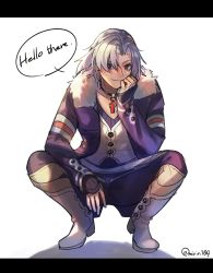 Rule 34 | 1boy, alvis (xenoblade), boots, english text, full body, fur trim, hand on own face, highres, jewelry, male focus, mirin., pendant, silver hair, simple background, solo, speech bubble, squatting, twitter username, white background, white footwear, xenoblade chronicles 1, xenoblade chronicles (series)