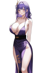 Rule 34 | 1girl, arms behind back, bare shoulders, breasts, cleavage, collarbone, covered erect nipples, dress, feet out of frame, genshin impact, hair intakes, hair ornament, highres, large breasts, light blush, long dress, long hair, looking at viewer, no bra, open mouth, plunging neckline, purple dress, purple eyes, purple hair, raiden shogun, shibanme tekikumo, side slit, simple background, solo, white background
