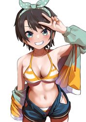 Rule 34 | 1girl, absurdres, aqua hairband, arm up, armpits, bikini, bikini under clothes, black hair, blue eyes, blue shorts, blush, breasts, cleavage, collarbone, commentary request, hairband, highres, hololive, looking at viewer, medium breasts, navel, oozora subaru, oozora subaru (hololive summer 2019), osushi961, polka dot hairband, short hair, short shorts, shorts, simple background, smile, solo, striped bikini, striped clothes, swept bangs, swimsuit, teeth, v, virtual youtuber, white background, yellow bikini