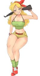 Rule 34 | 1girl, bare shoulders, blonde hair, breasts, crop top, dragon ball, fingerless gloves, full body, gloves, green eyes, grin, gun, highres, hikikomoriamy, large breasts, legs, long hair, looking at viewer, lunch (dragon ball), midriff, navel, rifle, shoes, shorts, simple background, smile, sneakers, socks, solo, weapon, white background