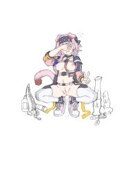 Rule 34 | anal beads, animal ears, arknights, belt, blush, braid, breasts, butt plug, cat ears, cat tail, cleft of venus, covering own eyes, dildo, full body, garter belt, garter straps, goldenglow (arknights), headband, highres, horse dildo, jacket, lanyard, looking at viewer, medium hair, nipples, open clothes, open jacket, pink footwear, pussy, pussy juice, rotor, sex toy, shoes, side braid, smile, sneakers, sokolov, spread legs, squatting, tail, tentacle dildo, thighhighs, uncensored, v, vibrator, yellow eyes