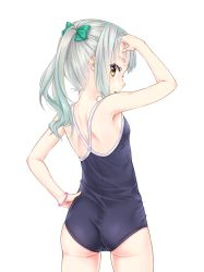 Rule 34 | 1girl, arm up, ass, blue one-piece swimsuit, bow, breasts, commentary request, competition school swimsuit, cowboy shot, from behind, gotou hisashi, gradient hair, green hair, hair bow, hand on own hip, kantai collection, kasumi (kancolle), long hair, looking back, multicolored hair, one-piece swimsuit, parted lips, profile, school swimsuit, side ponytail, silver hair, simple background, small breasts, solo, swimsuit, two-tone hair, white background, wristband, yellow eyes