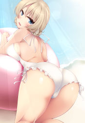 Rule 34 | 10s, 1girl, ass, bad id, bad pixiv id, ball, bare legs, beachball, bent over, blonde hair, blue eyes, braid, breast press, breasts, darjeeling (girls und panzer), dutch angle, from behind, girls und panzer, hair between eyes, halterneck, halterneck, highres, large breasts, nksk, one-piece swimsuit, open mouth, short hair, side-tie swimsuit, smile, solo, swimsuit, thighs, twin braids, white one-piece swimsuit