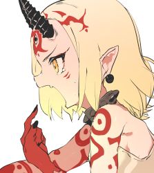 Rule 34 | 1girl, alternate hair length, alternate hairstyle, blonde hair, colored skin, commentary, ddari, earrings, facial mark, fang, fate/grand order, fate (series), forehead mark, from side, highres, horns, ibaraki douji (fate), jewelry, medium hair, multicolored skin, open mouth, pointing, pointing at self, pointy ears, profile, red skin, simple background, solo, tears, two-tone skin, upper body, white background, yellow eyes
