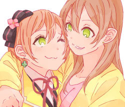 Rule 34 | 10s, 2girls, :3, arm around shoulder, bad id, bad pixiv id, bow, casual, earrings, green eyes, grin, hair bow, hoshizora rin, hoshizora rin&#039;s mother, jewelry, long hair, love live!, love live! school idol project, mother and daughter, multiple girls, orange hair, shin9tani, short hair, smile, upper body