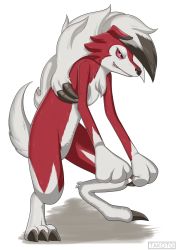 Rule 34 | animal ears, animal hands, artist name, claws, clenched teeth, colored sclera, creatures (company), dog ears, dog tail, feet, full body, furry, game freak, gen 7 pokemon, half-closed eyes, lycanroc, multicolored hair, nintendo, pokemon, pokemon (creature), pokemon sm, red eyes, red sclera, sharp teeth, smile, solo, standing, tail, takoto, teeth, text focus, two-tone hair, watermark, white hair