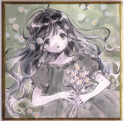 Rule 34 | 1girl, black hair, bouquet, dress, flower, grass, green eyes, hair flower, hair ornament, hands on own stomach, hidari (nanmu-left), highres, holding, holding flower, long hair, lying, messy hair, muted color, on grass, original, painting (medium), parted lips, puffy short sleeves, puffy sleeves, short sleeves, solo, traditional media, upper body, watercolor (medium)