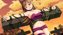 Rule 34 | 1girl, animal ears, armpits, bandeau, bare shoulders, bell, blush, bound, breasts, bridal garter, brown eyes, brown hair, choker, cleavage, cloud, collarbone, commentary, cosplay, cowboy shot, cross, crucifixion, dusk, groin, hair between eyes, head tilt, kantai collection, large breasts, long hair, looking at viewer, mew zakuro, mew zakuro (cosplay), midriff, mixed-language commentary, navel, neck bell, nose blush, ooi (kancolle), open mouth, orange sky, outdoors, outstretched arms, purple choker, purple shorts, restrained, short shorts, shorts, sidelocks, sky, solo, spread arms, stationary restraints, sweat, tail, teeth, thigh strap, tied up (nonsexual), tokyo mew mew, tree, upper teeth only, wolf ears, wolf tail, yasume yukito
