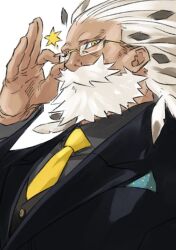 Rule 34 | 1boy, adjusting eyewear, beard, black suit, commentary request, facial hair, fate/grand order, fate (series), formal, glasses, grey shirt, hand on eyewear, looking at viewer, male focus, necktie, old, old man, one eye closed, pocket square, ptolemy (fate), ryuuki garyuu, shirt, star (symbol), suit, white background, wrinkled skin, yellow necktie