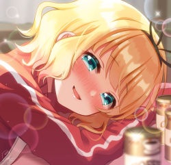 Rule 34 | 1girl, aqua eyes, blonde hair, blurry, blurry background, blurry foreground, blush, can, canned coffee, commentary request, drink can, gochuumon wa usagi desu ka?, jacket, kirima syaro, lens flare, long sleeves, looking at viewer, mozukun43, nose blush, open mouth, short hair, signature, smile, solo, track jacket, wavy hair