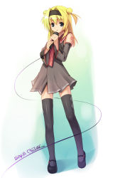 Rule 34 | blonde hair, chitose sana, detached sleeves, microphone, parody, solo, tenshinranman, thighhighs, vocaloid