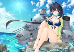Rule 34 | 1girl, alternate costume, bikini, black hair, blue bikini, blush, breasts, choker, cleavage, closed mouth, cloud, collarbone, day, front-tie bikini top, front-tie top, green jacket, hand on own leg, ichinomiya (blantte), jacket, jewelry, kantai collection, large breasts, long hair, looking at viewer, ocean, off shoulder, on rock, outdoors, ponytail, purple hair, rigging, ring, rock, sidelocks, sitting, sky, smile, smokestack, solo, swimsuit, turret, very long hair, wedding band, yahagi (kancolle)