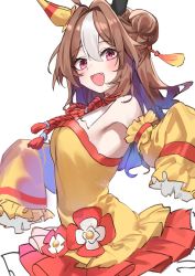 Rule 34 | 1girl, animal ears, bare shoulders, blush, breasts, brown hair, copano rickey (umamusume), detached collar, detached sleeves, dress, hair bun, hair intakes, haruyuki (gffewuoutgblubh), horse ears, layered dress, long hair, looking at viewer, multicolored hair, open mouth, pink eyes, simple background, sleeves past fingers, sleeves past wrists, small breasts, smile, solo, strapless, strapless dress, two-tone hair, umamusume, white background, yellow dress
