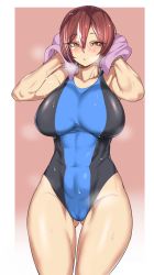 Rule 34 | 1girl, abs, bare shoulders, blush, breasts, brown hair, cameltoe, competition swimsuit, covered navel, gluteal fold, groin, highres, large breasts, looking at viewer, one-piece swimsuit, original, short hair, solo, swimsuit, towel, urec, wet, wet hair, yellow eyes