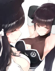 Rule 34 | 2girls, animal ears, armpits, atago (azur lane), atago (stunning speedster) (azur lane), azur lane, black hair, blush, bow, breasts, brown eyes, chikin tamago, dog ears, hair bow, highres, large breasts, long hair, looking at viewer, mole, mole under eye, multiple girls, ponytail, race queen, simple background, smile, takao (azur lane), takao (full throttle charmer) (azur lane), very long hair, white background