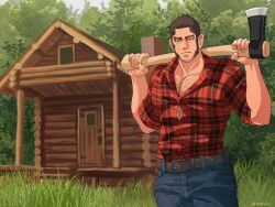 Rule 34 | 1boy, alternate costume, axe, bara, beard, black hair, bursting pectorals, buzz cut, carrying over shoulder, chest hair, cowboy shot, denim, facial hair, facial scar, forest, golden kamuy, grass, holding, holding axe, jeans, large pectorals, leather belt, looking at viewer, male focus, mature male, muscular, muscular male, nature, nopinzo, pants, pectoral cleavage, pectorals, red shirt, scar, scar on cheek, scar on face, shirt, short hair, sideburns, smile, solo, tanigaki genjirou, thick eyebrows, tree, very short hair, wooden house