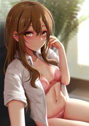 Rule 34 | 1girl, blurry, blurry background, blush, bra, breasts, breasts apart, brown eyes, brown hair, closed mouth, collared shirt, commentary request, depth of field, dress shirt, ginhaha, highres, hori-san to miyamura-kun, hori kyouko, indoors, long hair, navel, open clothes, open shirt, panties, pink bra, pink panties, shirt, short sleeves, sidelocks, sitting, small breasts, smile, solo, stomach, thighs, underwear, white shirt