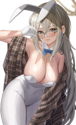 Rule 34 | 1girl, absurdres, akane (blue archive), akane (bunny) (blue archive), animal ears, bare shoulders, blue archive, blue bow, blush, bow, bowtie, breasts, brown eyes, brown jacket, cleavage, collar, cowboy shot, detached collar, dubeaduver, eyewear pull, unworn eyewear, fake animal ears, glasses, gloves, grey hair, hairband, halo, highleg, highleg leotard, highres, holding, holding removed eyewear, jacket, large breasts, leotard, long hair, looking at viewer, open clothes, open jacket, open mouth, pants, plaid, plaid jacket, playboy bunny, simple background, smile, solo, standing, strapless, strapless leotard, white background, white collar, white gloves, white hairband, white leotard, white pants