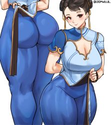 Rule 34 | 1girl, absurdres, ass, blue pants, blush, bracelet, breasts, brown eyes, brown hair, capcom, china dress, chinese clothes, chun-li, cleavage, clothing cutout, cromwellb, double bun, dress, hair bun, hair ribbon, highres, jewelry, large breasts, long hair, looking at viewer, multiple views, pants, pelvic curtain, ribbon, short sleeves, simple background, smile, street fighter, street fighter 6, thick thighs, thighs, tight clothes, tight pants, yellow ribbon