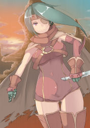 Rule 34 | 1girl, aisha bernadette, bad id, bad pixiv id, cape, dagger, elbow gloves, eyepatch, frown, gloves, green hair, holding, holding dagger, holding knife, holding weapon, johnny funamushi, kanon (wild arms 2), knife, purple eyes, short hair, single elbow glove, single glove, skirt, solo, thighhighs, weapon, wild arms, wild arms 2