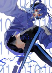 Rule 34 | 1girl, 510 gotoudayo, :d, absurdres, binary, black skirt, black thighhighs, blue hair, blue jacket, blurry, character name, copyright name, depth of field, digital dissolve, electricity, ene (kagerou project), facial mark, floating, floating hair, grey background, hair between eyes, headphones, highres, jacket, kagerou project, long hair, long sleeves, looking at viewer, miniskirt, open mouth, pleated skirt, red eyes, simple background, skirt, sleeves past wrists, smile, solo, thighhighs, track jacket, twintails, zipper