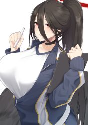 Rule 34 | 1girl, black hair, black wings, blue archive, blue jacket, blue shorts, blush, breasts, choker, clipboard, collarbone, feathered wings, fuurin restia, gym uniform, hair between eyes, halo, hasumi (blue archive), hasumi (track) (blue archive), high ponytail, highres, huge breasts, jacket, long hair, long sleeves, looking at viewer, mole, mole under eye, official alternate costume, pen, red eyes, shirt, short shorts, shorts, smile, solo, thighs, very long hair, white shirt, wings