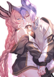 Rule 34 | 1boy, 1girl, aki663, animal ears, ass, back, bare shoulders, blazer, blue eyes, blush, braid, breasts, brother and sister, bubble tea challenge, bustier, choker, cowboy shot, cup, dot triangle, drinking straw, drinking straw in mouth, emblem, tien (granblue fantasy), eyelashes, french braid, granblue fantasy, hair intakes, hair ornament, holding hands, highres, interlocked fingers, jacket, lips, long braid, long hair, looking at viewer, medium breasts, off shoulder, parted lips, pink eyes, feower (granblue fantasy), siblings, signature, simple background, tsurime, twin braids, very long hair, white background