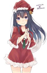 Rule 34 | 1girl, akatsuki (kancolle), alternate costume, bag, bell, black hair, blush, cape, capelet, character name, christmas, closed mouth, dated, dress, eyebrows, female focus, fur trim, green neckerchief, hair between eyes, hat, holding, holding bag, kantai collection, long hair, looking at viewer, neckerchief, necktie, purple eyes, red dress, sack, santa costume, santa hat, simple background, smile, solo, standing, twitter username, u yuz xx, white background