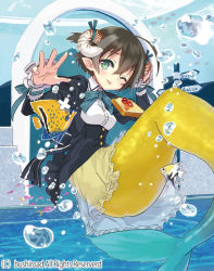 Rule 34 | 1girl, bandaid, brown hair, bubble, cardfight!! vanguard, company name, conch, fish, food, green eyes, mermaid, miyoshino, monster girl, morning impact lyps, official art, pointy ears, short hair, solo, tongue, tongue out, underwater
