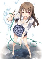 Rule 34 | 1girl, ;d, absurdres, bare legs, barefoot, blush, breasts, brown eyes, brown hair, buttons, cleavage, collarbone, collared shirt, covered erect nipples, dress shirt, eyelashes, feet, hair ornament, hairclip, highres, holding, holding hose, hose, kantoku, koi suru kanojo no bukiyou na butai, leaning forward, long hair, long sleeves, looking at viewer, medium breasts, nipples, no bra, one eye closed, open mouth, plaid, plaid skirt, pleated skirt, school uniform, see-through, shirt, skirt, smile, solo, spraying, toenails, toes, togawa mayuu, underwear, water, water drop, wet, wet clothes, wet shirt, white shirt, wing collar