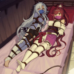 Rule 34 | 2girls, a (xenoblade), arms behind back, bdsm, black pants, blue eyes, blue jacket, blue thighhighs, blush, bondage, bound, breasts, cad (caddo), chest jewel, detached sleeves, glimmer (xenoblade), grey hair, high ponytail, highres, hitachi magic wand, jacket, japanese clothes, kimono, large breasts, long hair, long sleeves, lying, mask, medium breasts, mouth mask, multiple girls, obi, on back, on side, orange eyes, pants, pantyhose, ponytail, pouch, purple skirt, red hair, restrained, rope, sash, sex toy, shibari, sidelocks, skirt, sleeveless, sleeveless kimono, stirrup legwear, swept bangs, thigh pouch, thighhighs, toeless legwear, toes, very long hair, vibrator, white kimono, white pantyhose, xenoblade chronicles (series), xenoblade chronicles 3, xenoblade chronicles 3: future redeemed
