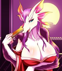 Rule 34 | 1girl, blue eyes, breasts, cleavage, dragon, female focus, furry, furry female, hand fan, highres, japanese clothes, kimono, large breasts, long hair, mizutsune, monster hunter (series), outdoors, purple hair, sky, skykain, solo, upper body