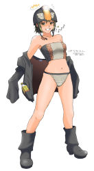 Rule 34 | 1girl, boots, bottle, capcom, green hair, gypceros, helmet, jacket, light, monster hunter (series), panties, personification, smile, striped clothes, striped panties, underwear, yellow eyes