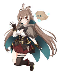 Rule 34 | 1girl, absurdres, belt, black gloves, blouse, blush, boots, breasts, brown cape, brown corset, brown footwear, brown hair, brown socks, cape, cleavage, commentary, corset, dagger, english commentary, feathers, felutiahime, friend (nanashi mumei), gloves, hair between eyes, hair ornament, hairclip, highres, hololive, hololive english, kneehighs, knife, long hair, looking at viewer, medium breasts, nanashi mumei, partially fingerless gloves, red skirt, sheath, sheathed, shirt, sidelocks, simple background, single kneehigh, single sock, single thighhigh, skirt, smile, socks, thigh strap, thighhighs, very long hair, virtual youtuber, waving, weapon, white background, white shirt, yellow eyes