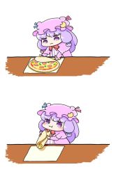 Rule 34 | 1girl, 2koma, :3, ajitsuki, blue ribbon, blush stickers, bow, bowtie, capelet, chibi, comic, commentary request, crescent, crescent pin, eating, food, hat, hat ribbon, long hair, long sleeves, mob cap, patchouli knowledge, pizza, purple eyes, purple hair, red bow, red bowtie, red ribbon, ribbon, simple background, sketch, solo, table, touhou, white background