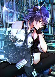 Rule 34 | 1girl, black gloves, black jacket, black skirt, checkered clothes, checkered necktie, checkered neckwear, commentary, eyepatch, gloves, hand on own face, headgear, highres, holographic touchscreen, indian style, jacket, kantai collection, katsuobushi (eba games), necktie, off shoulder, partially fingerless gloves, pleated skirt, purple hair, short hair, sitting, skirt, solo, tenryuu (kancolle), thighhighs, yellow eyes