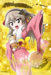 Rule 34 | 1girl, 2020, :d, arm up, ball, bandages, black ribbon, boko (girls und panzer), brown eyes, commentary, english text, floral print, fur scarf, girls und panzer, hair ornament, hair ribbon, happy new year, highres, holding, holding stuffed toy, japanese clothes, kanau, kimono, light brown hair, long hair, long sleeves, looking at viewer, new year, obi, one side up, open mouth, pink kimono, print kimono, ribbon, sash, shimada arisu, smile, solo, sparkle, standing, stuffed animal, stuffed toy, teddy bear, wide sleeves, yellow background