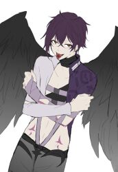 Rule 34 | 1boy, black hair, black wings, brown eyes, crossed arms, dance with devils, fallen angel, feathered wings, jacket, male focus, multicolored clothes, multicolored jacket, natsumezaka shiki, open clothes, open jacket, pants, purple jacket, qi7pi, short hair, solo, tongue, tongue out, white background, white jacket, wings